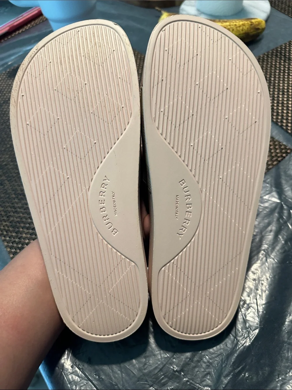Burberry Pale Pink and Beige Check Slide Sandals